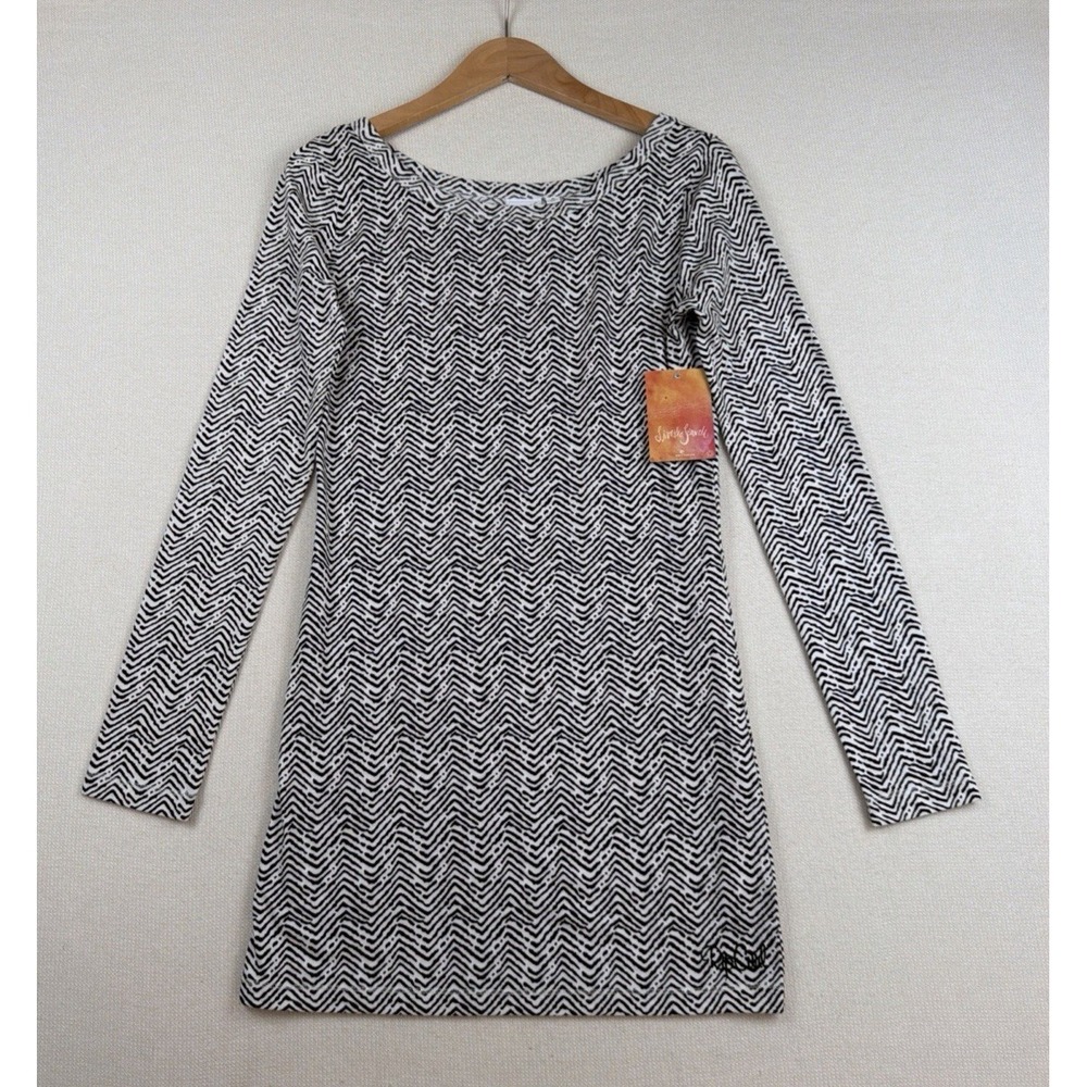 Rip Curl Chevron Print Mini Knit Dress Womens Sz M Black White NWT Beach Resort